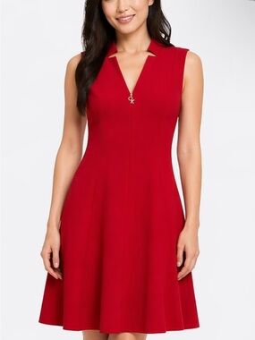 Calvin Klein Red V‑Neck Sleeveless Fit-and-Flare Dress